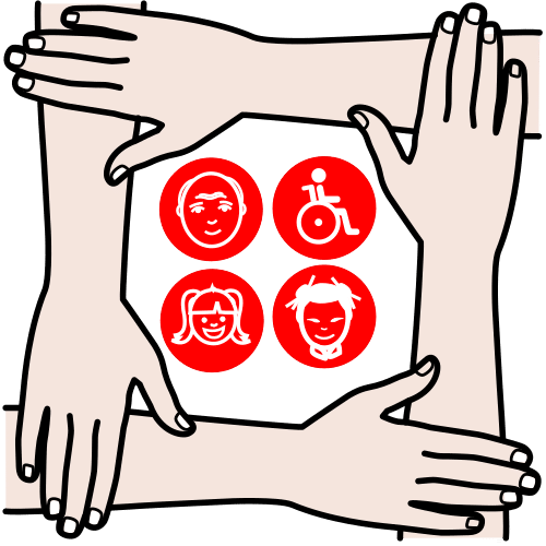 Symbol for 'support', four hands interlaced with symbols for people in the middle